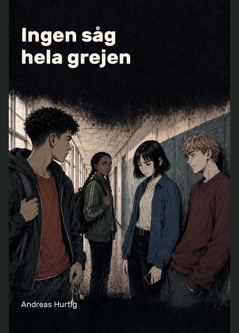 Ingen såg hela grejen, av Andreas Hurtig. Amir, Maja, Nora och Elliot står tillsammans i en skolkorridor, omgivna av mörk tusch.