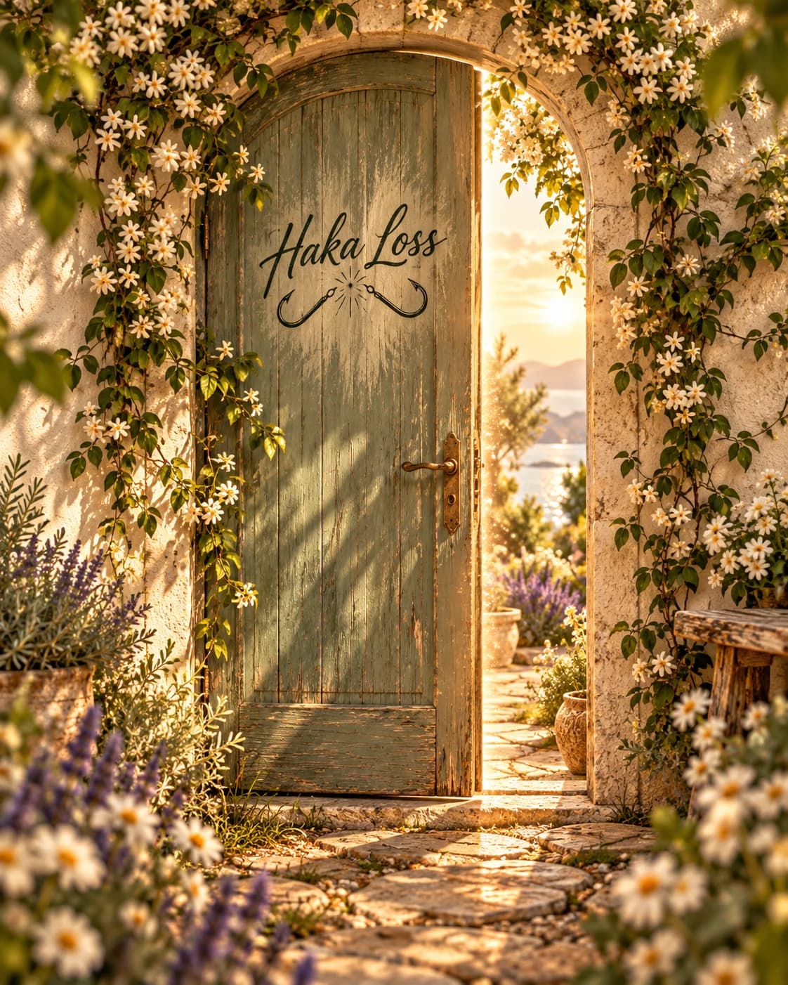 En solvarm trädörr med Haka Loss-krokar, vita blommor och en glimt av livet på andra sidan.